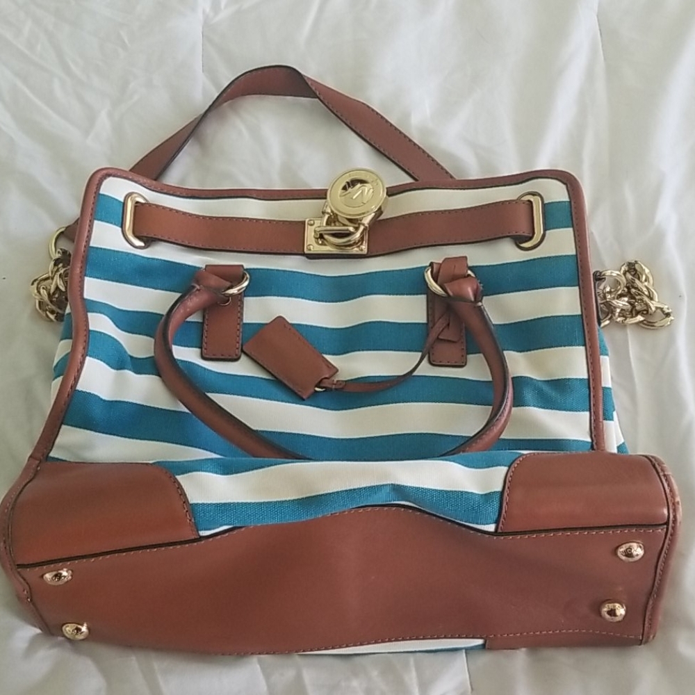 Michael Kors Teal and White Striped Hamilton Bag